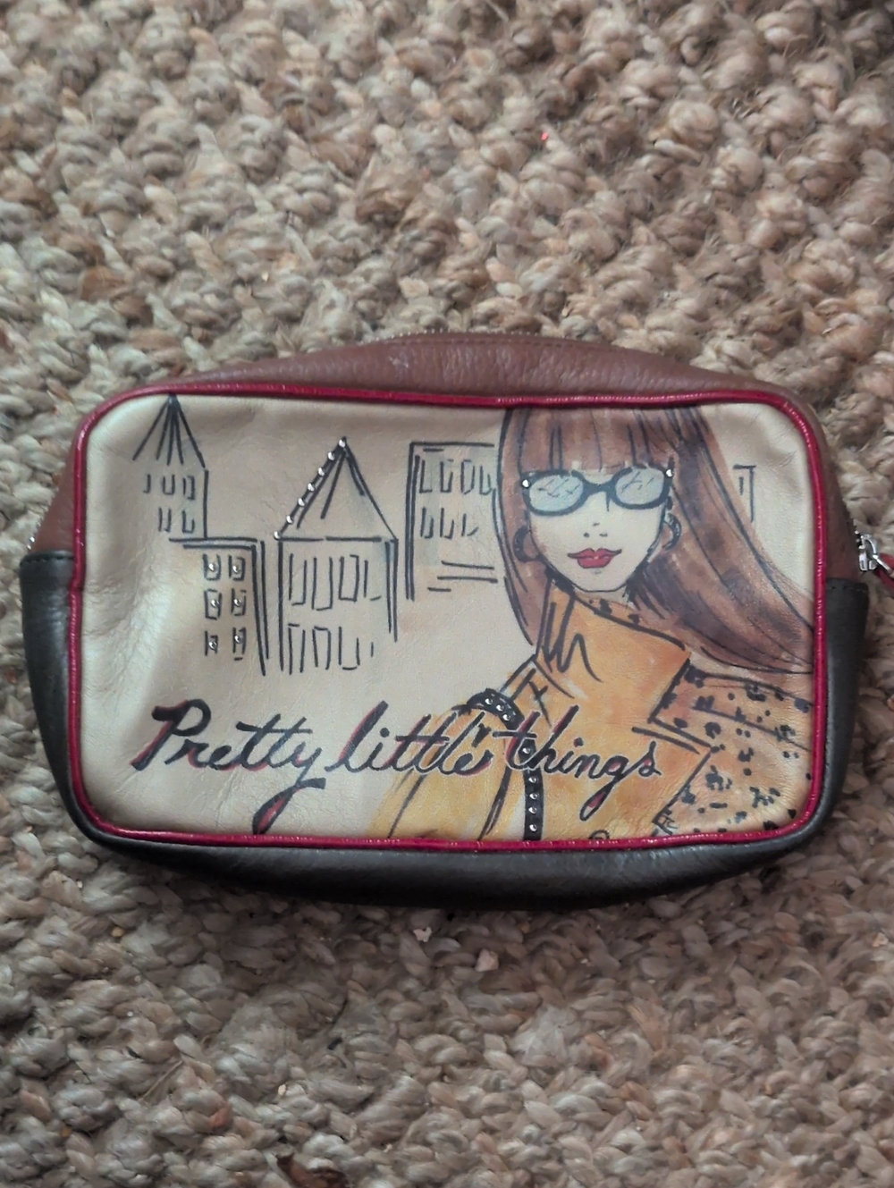 Brighton PrettyLittleThing Beige and Brown  Cosmetic Pouch with Red Trim